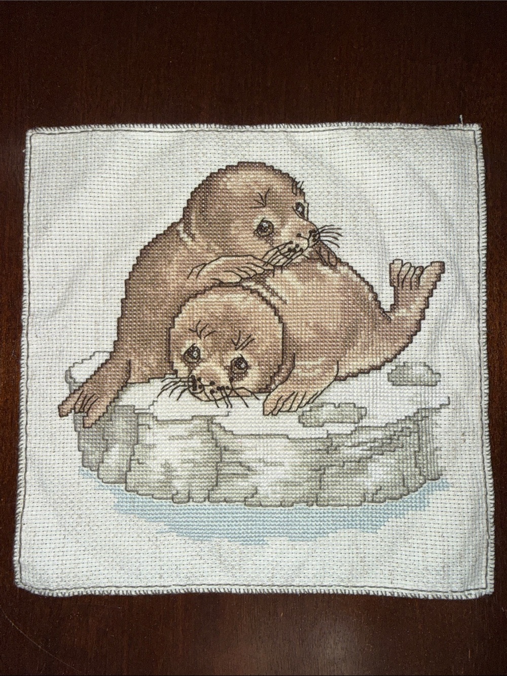 Seals on Iceberg completed vintage needlepoint design